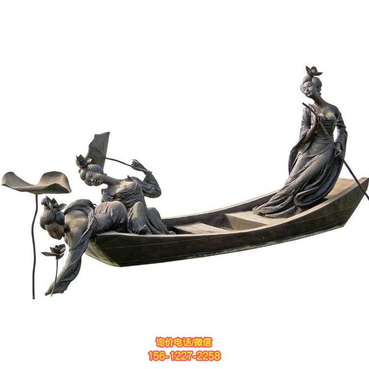 景区园林玻璃钢仿铜采莲的人物景观雕塑胡歌景观玻璃钢人物雕塑
