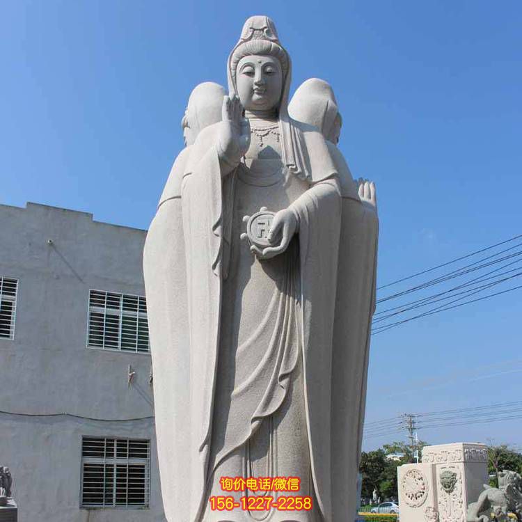 石雕观音像汉白玉佛像三面观音雕像景点寺庙摆件