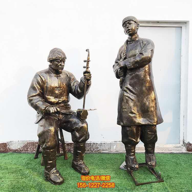 景区街道摆放玻璃钢仿铜弹唱卖艺民俗人物小品