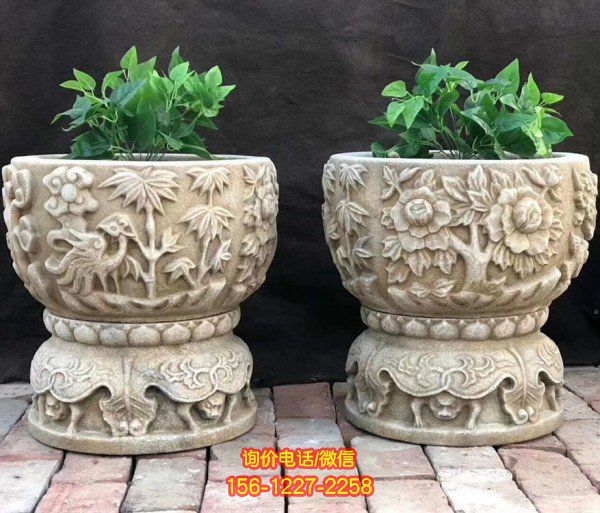 别墅庭院四合院雕刻摆件 仿古做旧石材花钵石材花盆雕塑