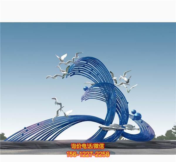 海边摆放飞翔的海鸥蓝色不锈钢海浪浪花雕塑