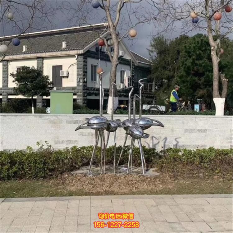 不锈钢抛光镜面抽象火烈鸟景区公园草坪摆件