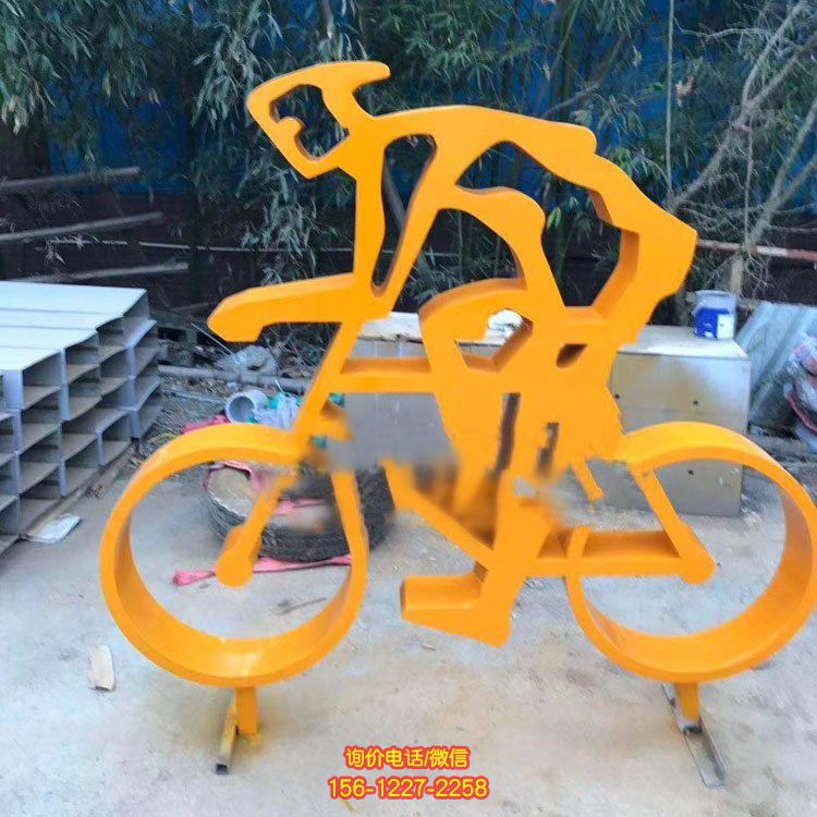 体育公园摆放不锈钢剪影镂空骑自行车运动人物雕塑