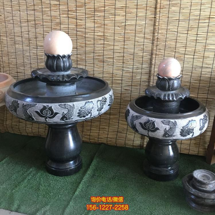 小型室内黑色大理石风水球水钵，办公家用招财风水摆件