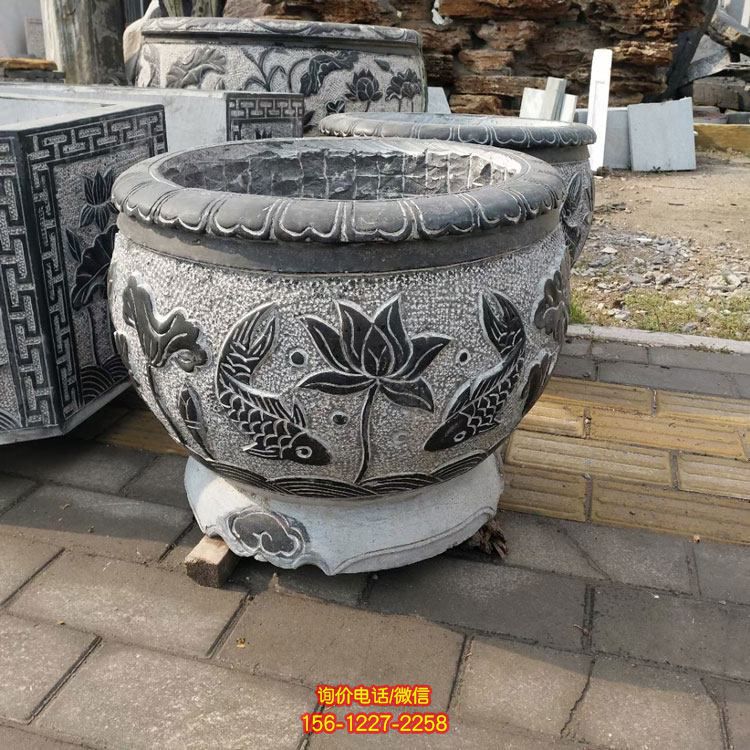 别墅庭院仿古鱼缸青石做旧圆鱼缸摆件 青石花盆雕塑