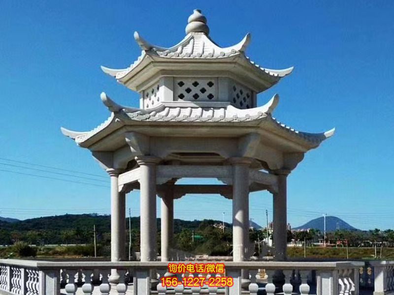 青石花岗岩景区户外双层仿古凉亭雕塑 青石花岗岩景区户外双层仿古凉亭雕塑
