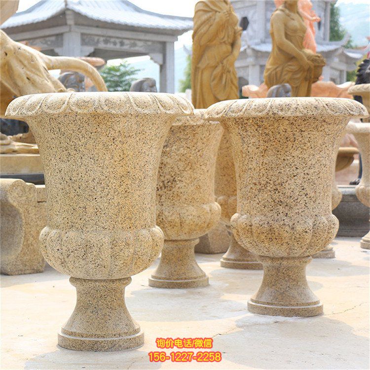 黄锈石花钵 石雕花盆摆件 别墅园林景观雕塑花钵雕塑