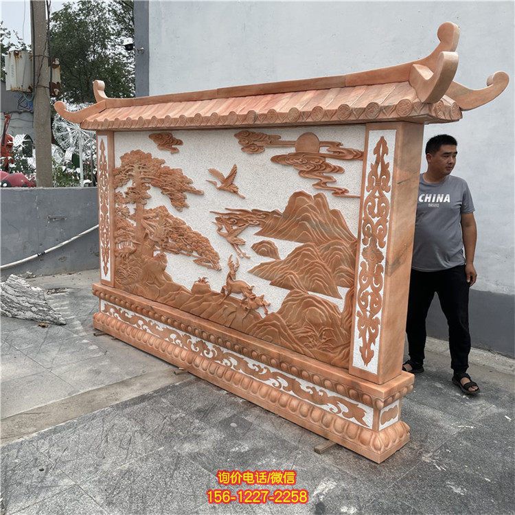石雕影壁墙晚霞红浮雕墙 屏风别墅庭院影背墙石浮雕壁画照壁雕塑