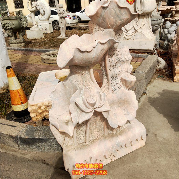 晚霞红大理石水景莲花、荷花、荷叶景观摆件