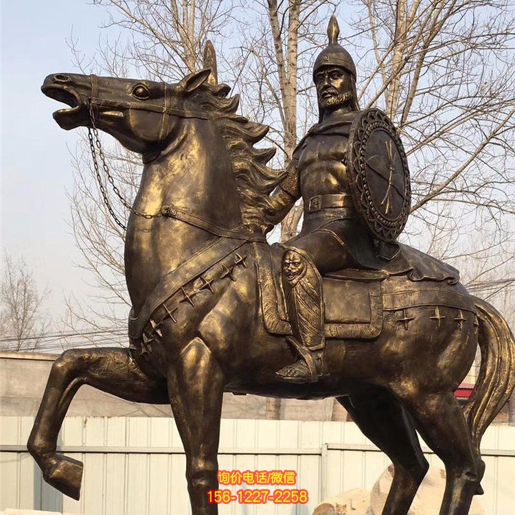 西方古代的骑马士兵铜雕，手持盾牌骑马身上的西方战士
