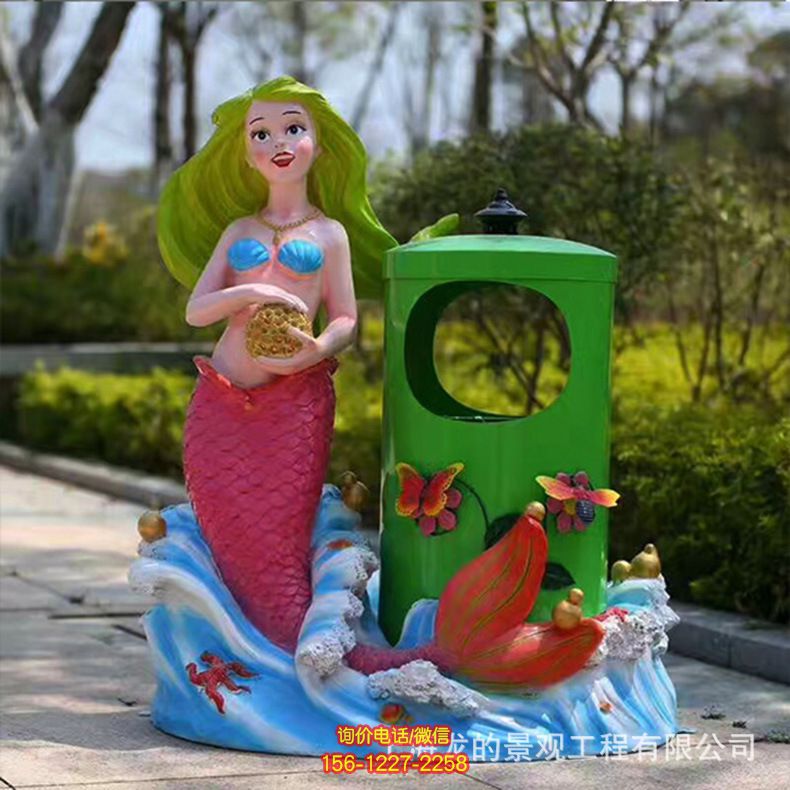 公园街道边带垃圾桶的玻璃钢彩绘美人鱼雕塑 公园街道边带垃圾桶的玻璃钢彩绘美人鱼雕塑