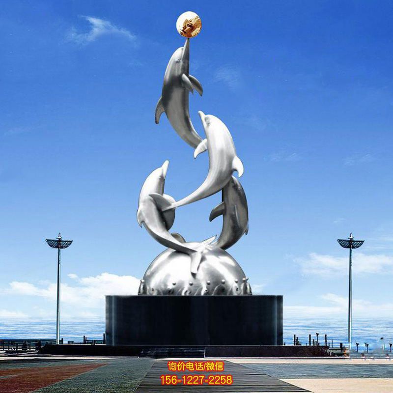 户外大型空中跳跃的不锈钢海豚雕塑