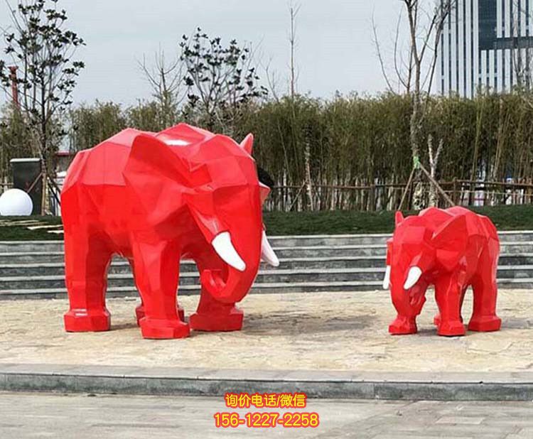 公园景区大象景观玻璃钢彩绘红色几何大象雕塑 公园景区大象景观玻璃钢彩绘红色几何大象雕塑