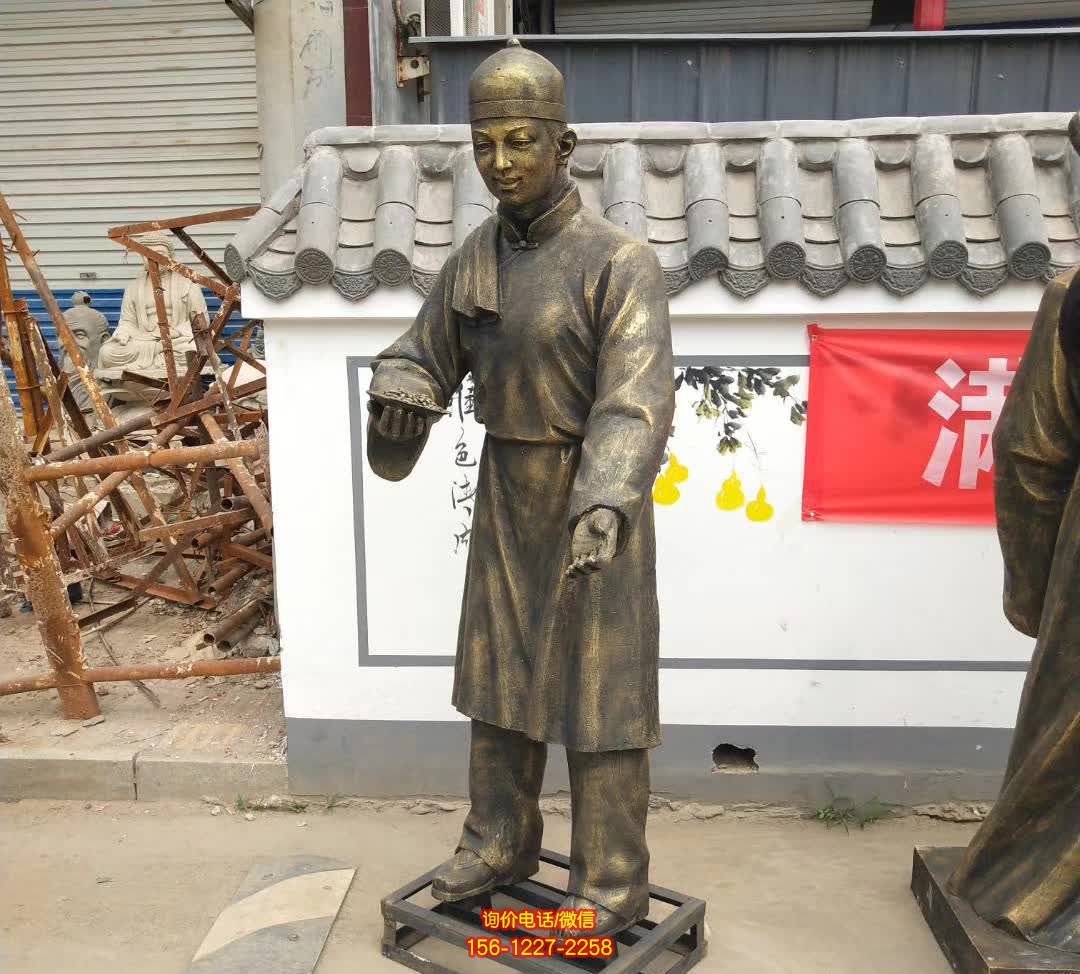 步行街摆放站姿店小二玻璃钢仿铜雕塑