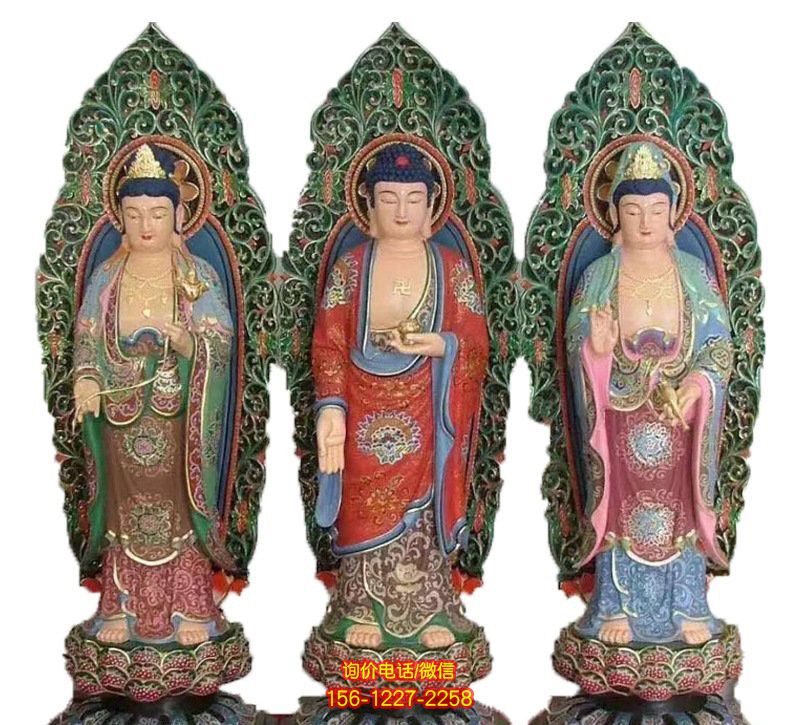 寺庙彩绘铸铜西方三圣雕塑 寺庙彩绘铸铜西方三圣雕塑