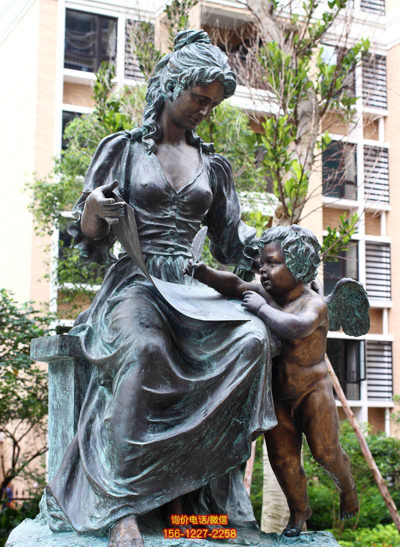 小区公园写字的小天使西方人物青铜雕塑 小区公园写字的小天使西方人物青铜雕塑