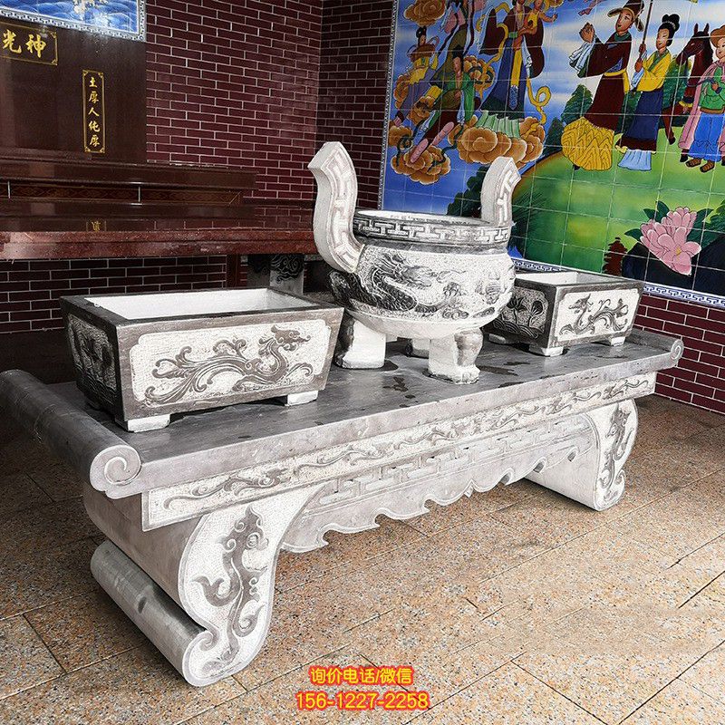 景区佛教寺庙仿古青石浮雕龙纹祭祀供桌香炉组合摆件 景区佛教寺庙仿古青石浮雕龙纹祭祀供桌香炉组合摆件