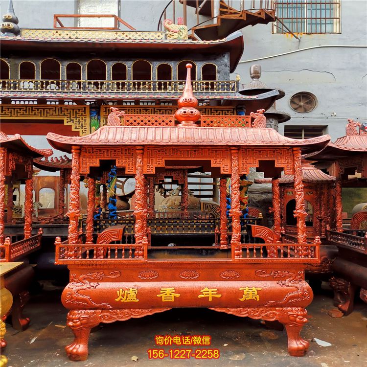 寺院铸铜浮雕龙柱长形香炉摆件 寺院铸铜浮雕龙柱长形香炉摆件