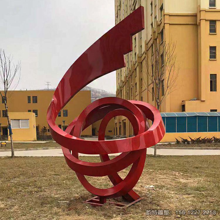 不锈钢抽象红色飘带雕塑 在风中舞动宛如欢快的音符