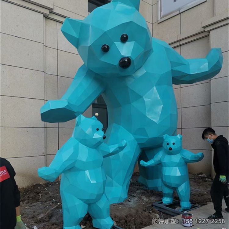 蓝色不锈钢熊雕塑,几何切面熊雕塑加工定做 蓝色不锈钢熊雕塑,几何切面熊雕塑加工定做